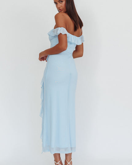 Blue Off-Shoulder Ruffle Maxi Dress