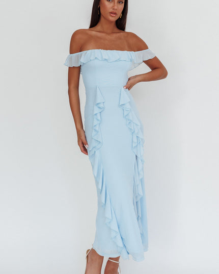 Blue Off-Shoulder Ruffle Maxi Dress