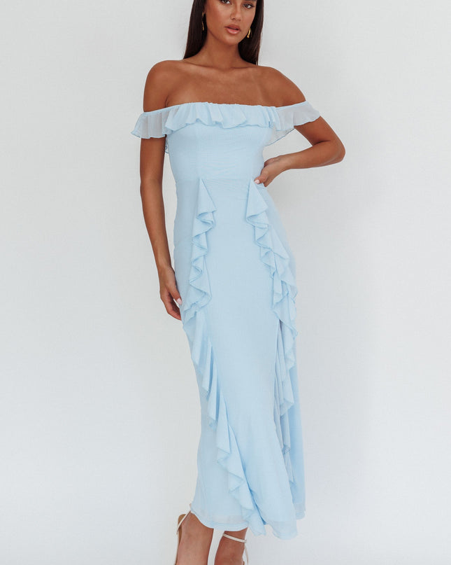 Blue Off-Shoulder Ruffle Maxi Dress