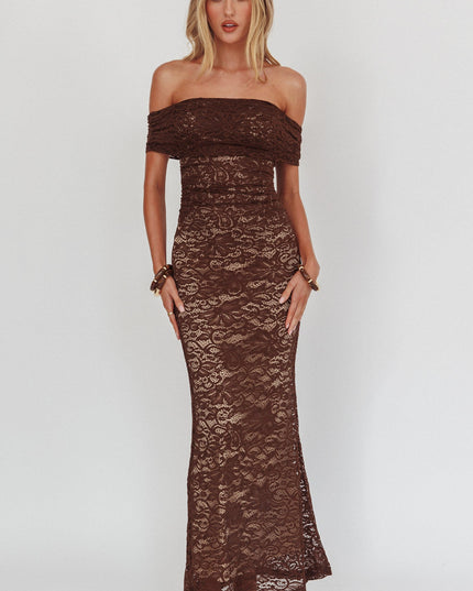 Chocolate Off-Shoulder Lace Maxi Dress