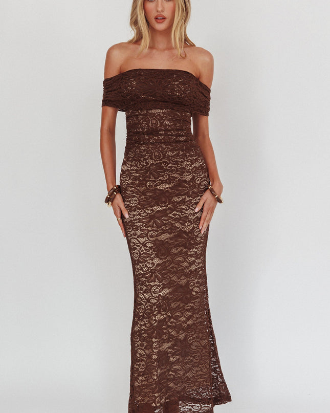 Chocolate Off-Shoulder Lace Maxi Dress