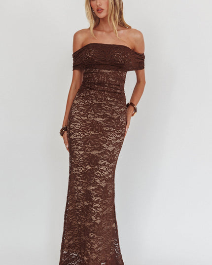 Chocolate Off-Shoulder Lace Maxi Dress