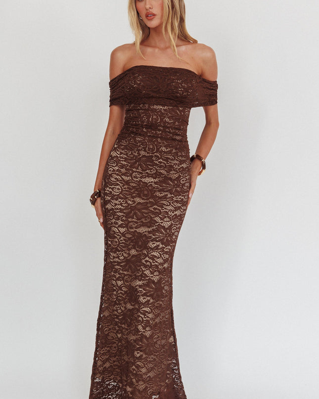 Chocolate Off-Shoulder Lace Maxi Dress
