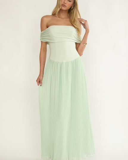 Sage Off-Shoulder Accordion Pleat Dress