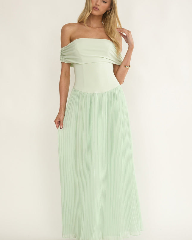Sage Off-Shoulder Accordion Pleat Dress