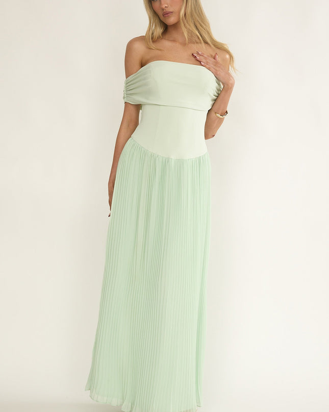 Sage Off-Shoulder Accordion Pleat Dress