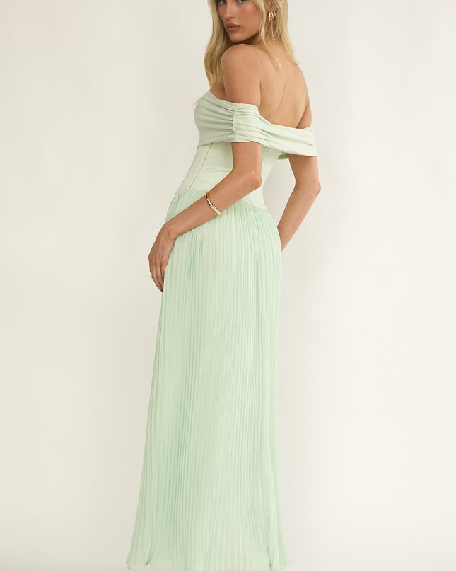 Sage Off-Shoulder Accordion Pleat Dress