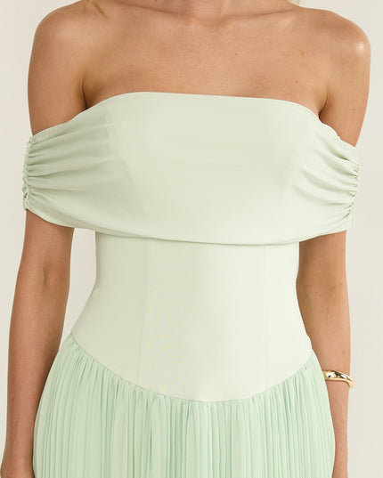 Sage Off-Shoulder Accordion Pleat Dress