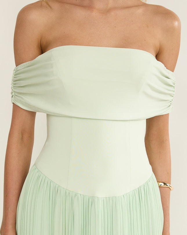 Sage Off-Shoulder Accordion Pleat Dress