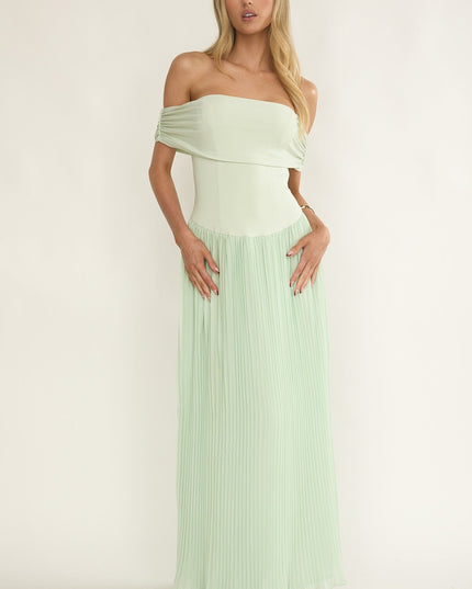 Sage Off-Shoulder Accordion Pleat Dress