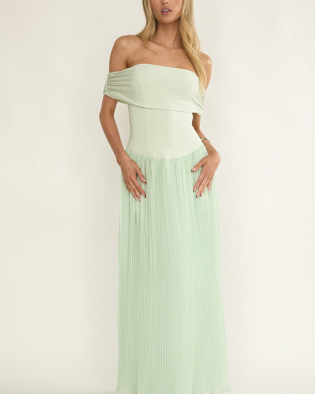 Sage Off-Shoulder Accordion Pleat Dress