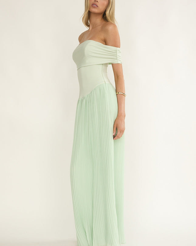 Sage Off-Shoulder Accordion Pleat Dress