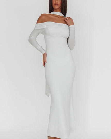 White Off-Shoulder Long Sleeve Maxi Dress
