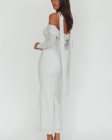 White Off-Shoulder Long Sleeve Maxi Dress