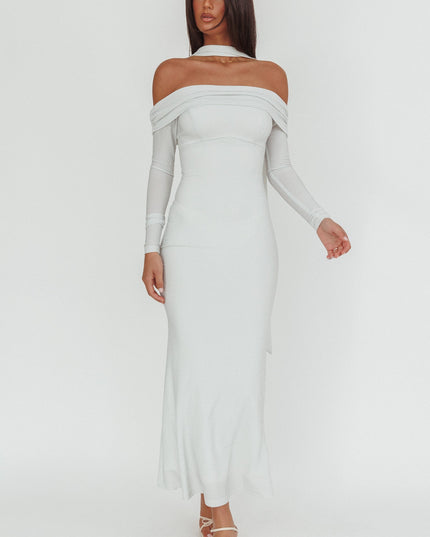 White Off-Shoulder Long Sleeve Maxi Dress