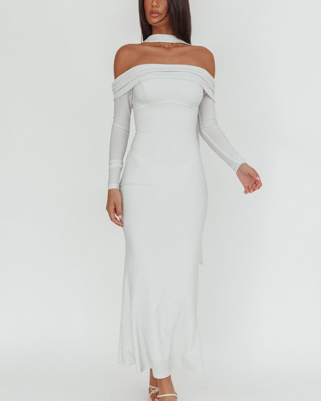 White Off-Shoulder Long Sleeve Maxi Dress