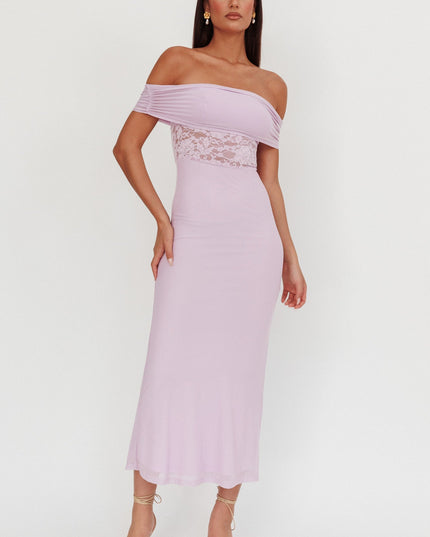 Lilac Off-Shoulder Lace Insert Maxi Dress