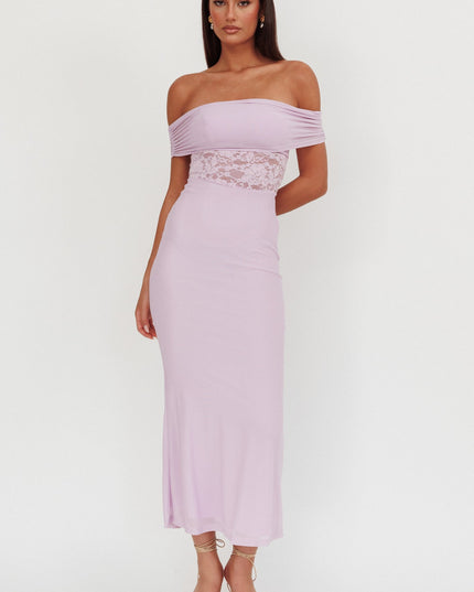 Lilac Off-Shoulder Lace Insert Maxi Dress