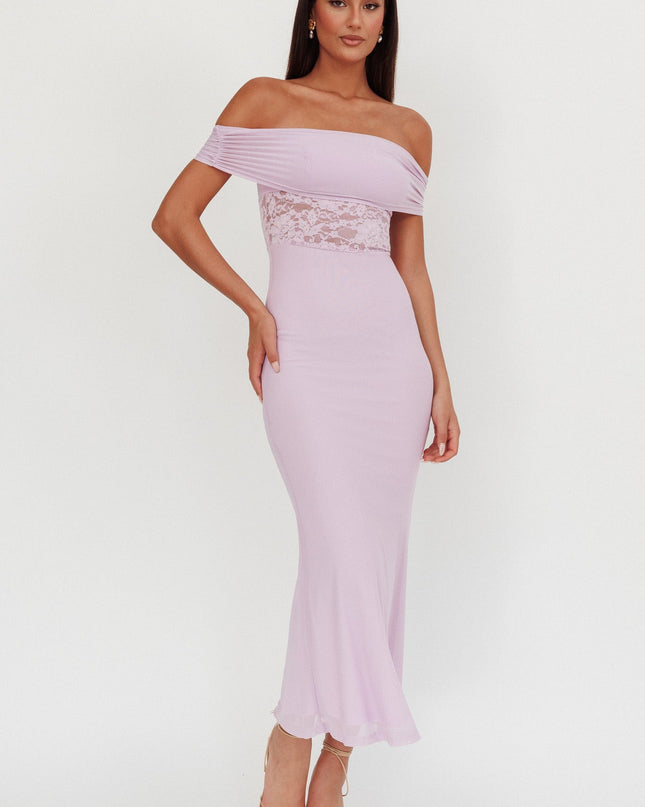 Lilac Off-Shoulder Lace Insert Maxi Dress