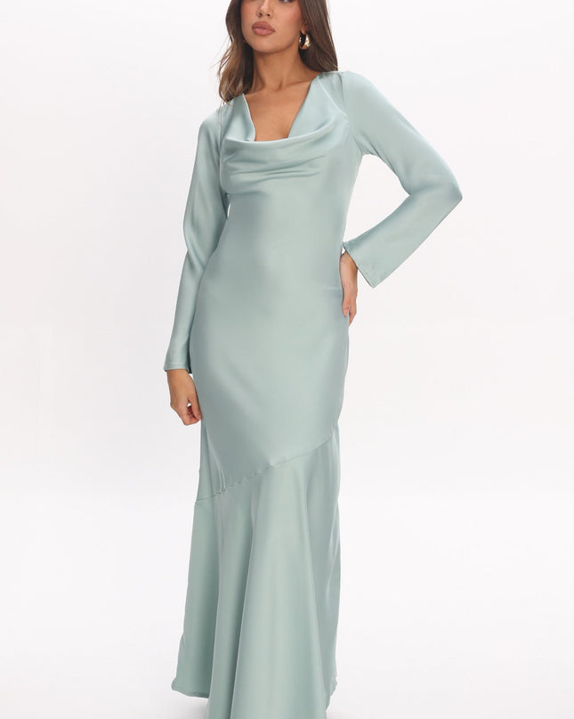 Sage Long Sleeve Drape Back Maxi Dress