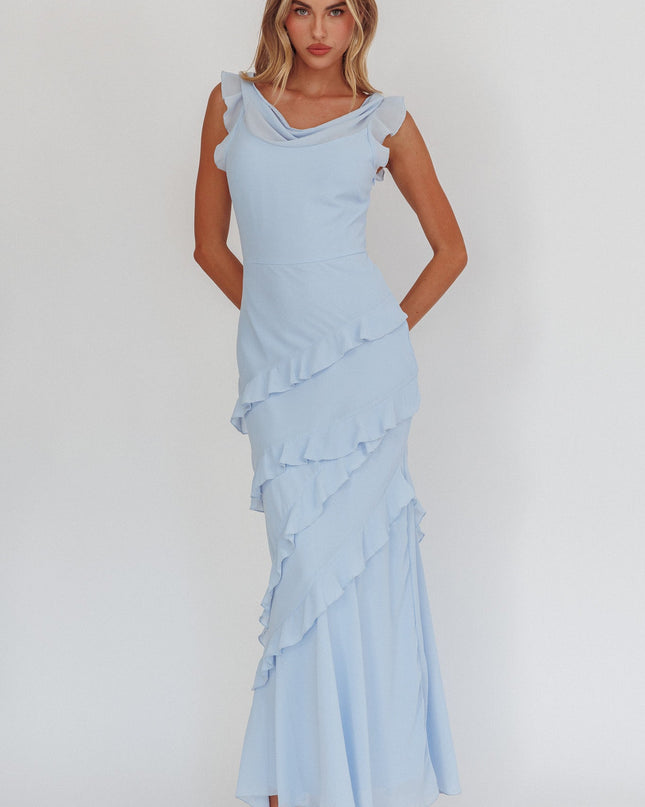 Blue Cowl Neck Frill Maxi Dress