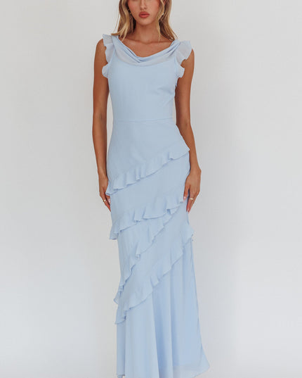 Blue Cowl Neck Frill Maxi Dress
