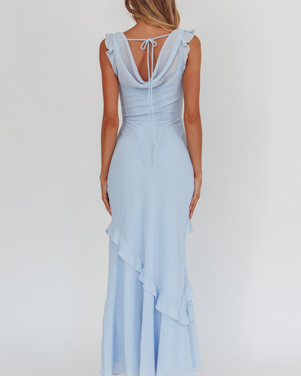 Blue Cowl Neck Frill Maxi Dress