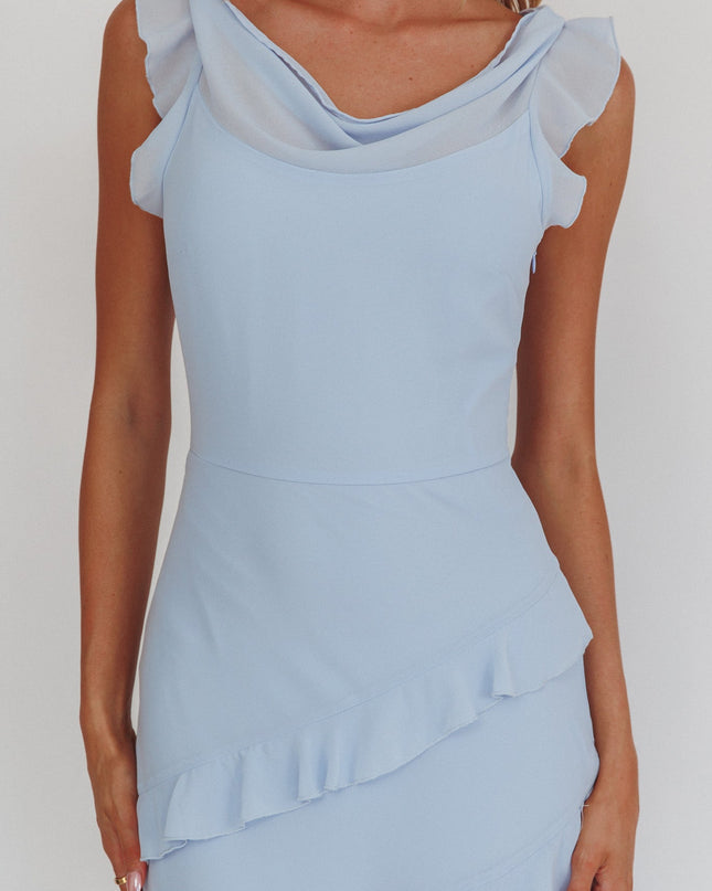 Blue Cowl Neck Frill Maxi Dress