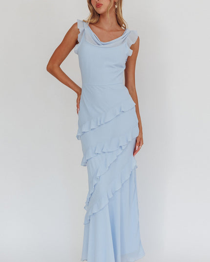 Blue Cowl Neck Frill Maxi Dress