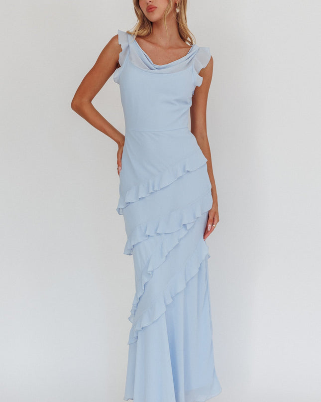 Blue Cowl Neck Frill Maxi Dress