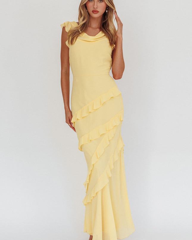 Lemon Cowl Neck Frill Maxi Dress