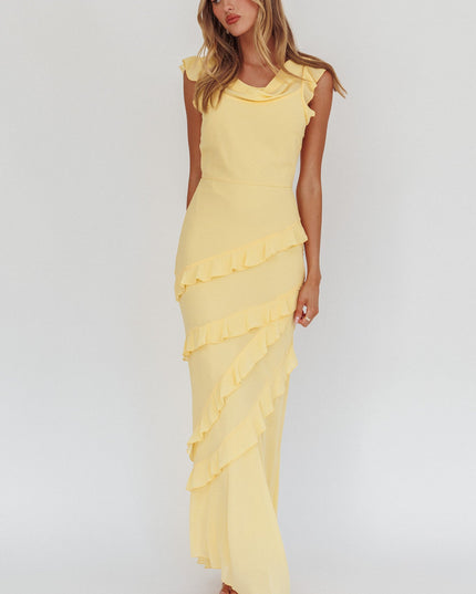 Lemon Cowl Neck Frill Maxi Dress