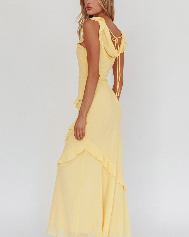 Lemon Cowl Neck Frill Maxi Dress
