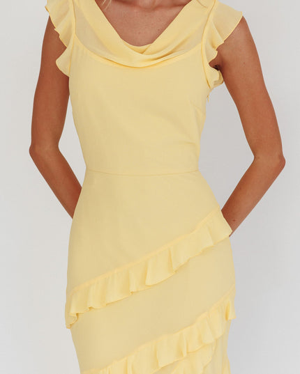 Lemon Cowl Neck Frill Maxi Dress