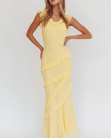 Lemon Cowl Neck Frill Maxi Dress