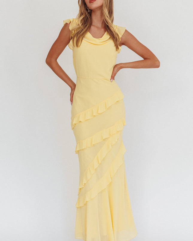 Lemon Cowl Neck Frill Maxi Dress