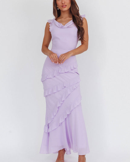 Lilac Cowl Neck Frill Maxi Dress