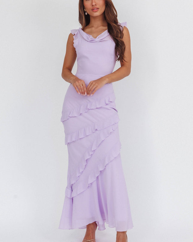 Lilac Cowl Neck Frill Maxi Dress