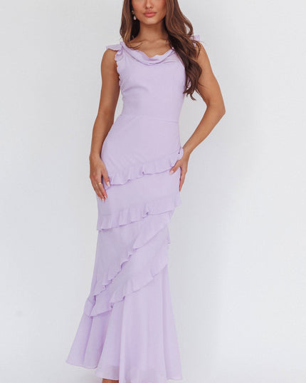 Lilac Cowl Neck Frill Maxi Dress