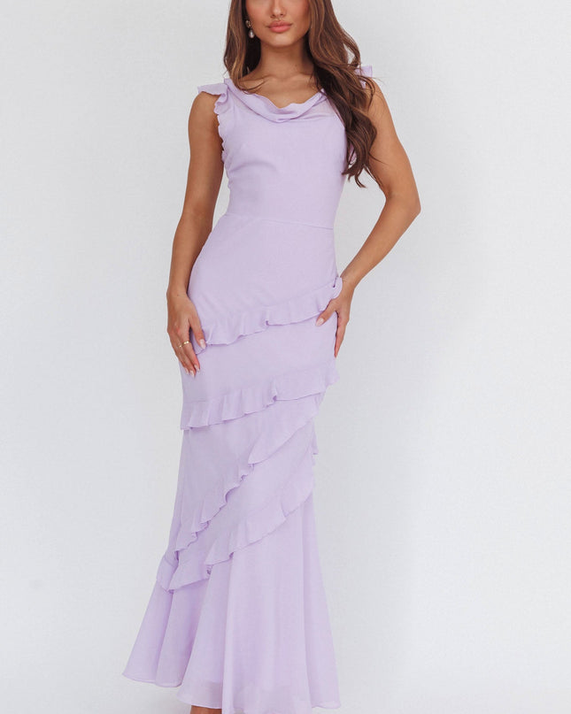 Lilac Cowl Neck Frill Maxi Dress