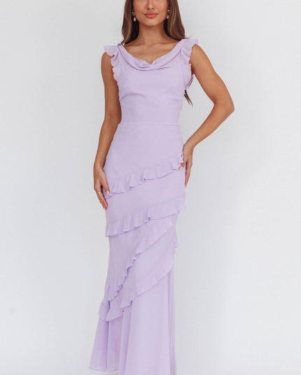 Lilac Cowl Neck Frill Maxi Dress