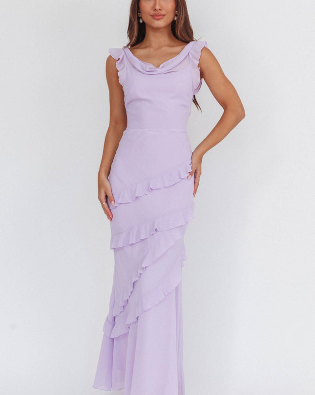Lilac Cowl Neck Frill Maxi Dress