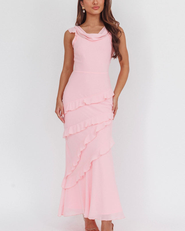 Cowl Neck Frill Maxi Dress Skin Powder