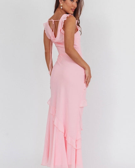 Cowl Neck Frill Maxi Dress Skin Powder