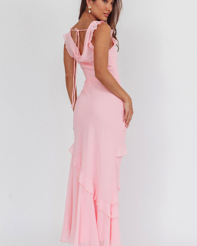 Cowl Neck Frill Maxi Dress Skin Powder