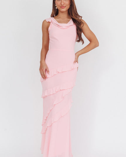 Cowl Neck Frill Maxi Dress Skin Powder