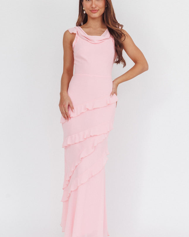 Cowl Neck Frill Maxi Dress Skin Powder