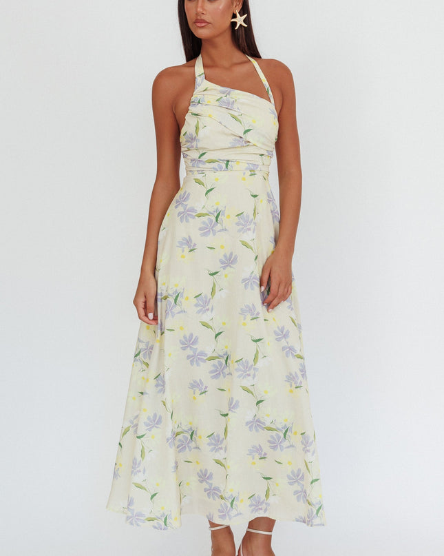 Lemon Asymmetric Neckline Halter maxi Dress Floral
