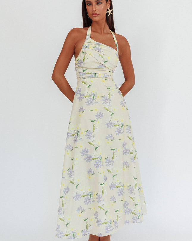 Lemon Asymmetric Neckline Halter maxi Dress Floral