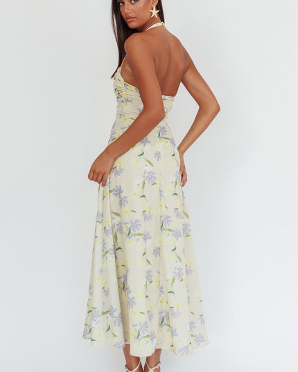 Lemon Asymmetric Neckline Halter maxi Dress Floral